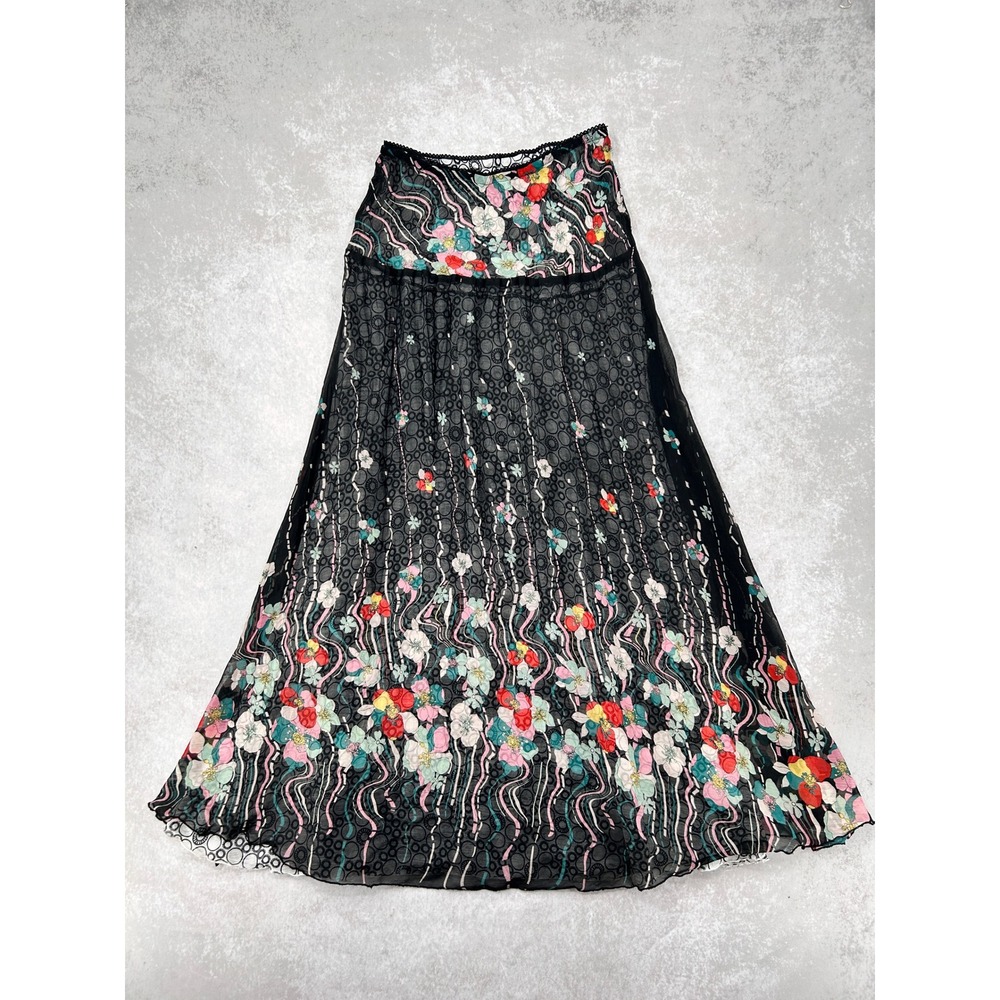 Floral Mesh Maxi Skirt Black Sheer Burnout Lace Trim Boho Long Skirt SZ S